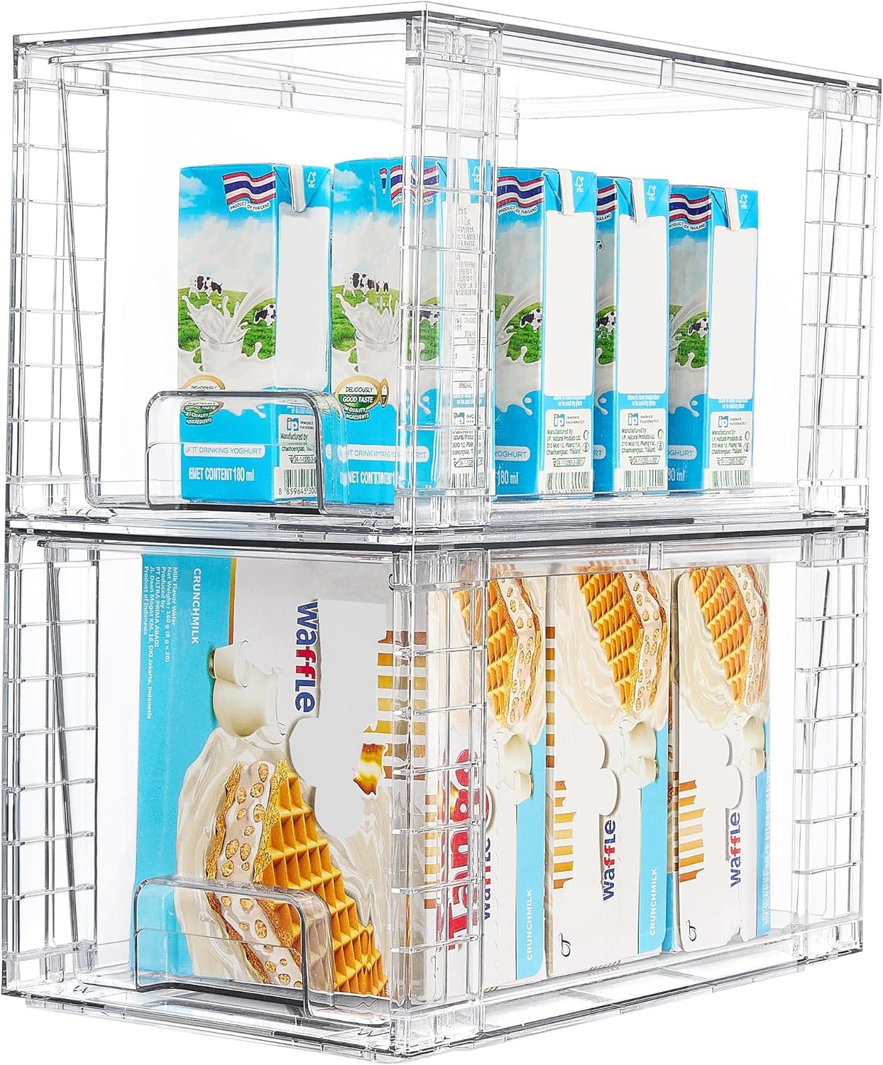Clear stackable pantry bins with handles by Vtopmart